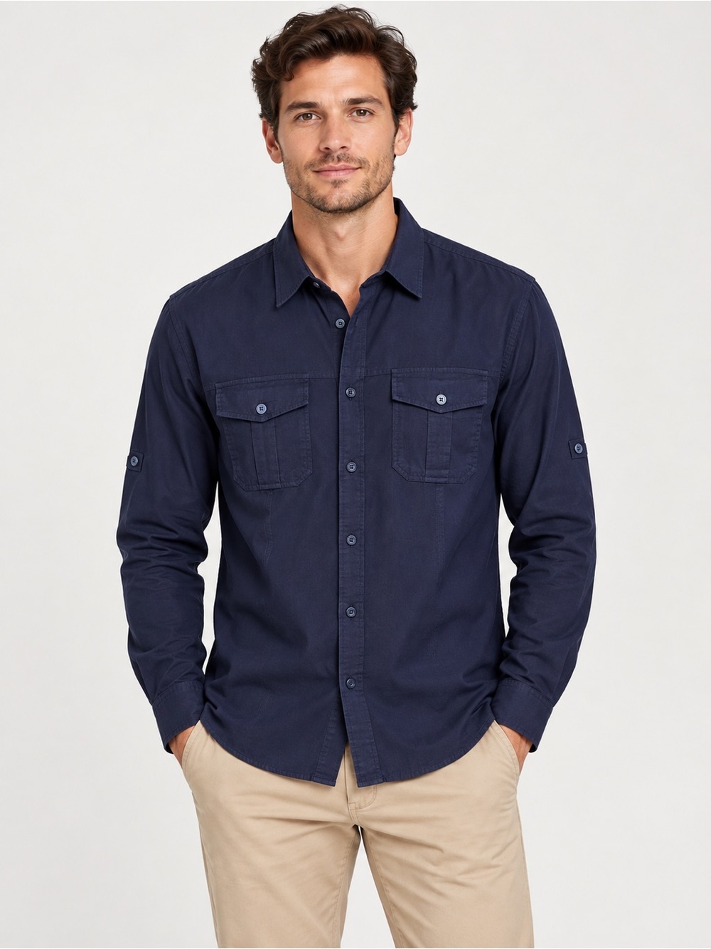Michael Kors Men’s Navy Button-Up Shirt Large | Dual Pockets Roll-Tab Sleeves